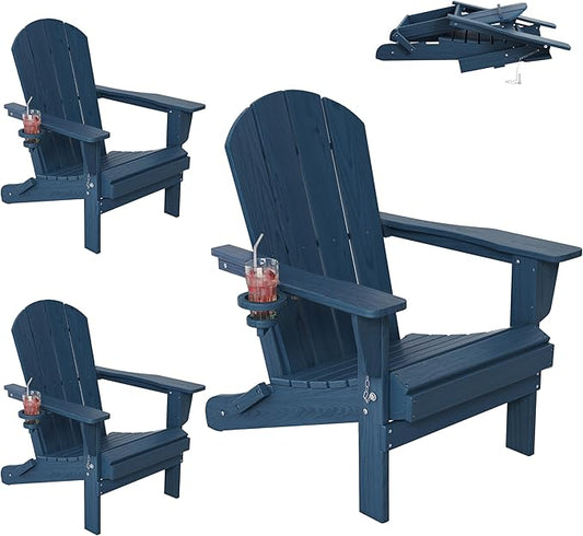 Outdoor Folding Adirondack Chair Set of 3 for Patio Fire Pit, Wooden Textured HDPE Adjustable Chairs with Cup Holder, Waterproof All Weather Resistant Plastic for Pool Lawn Garden Backyard(NavyBlue)