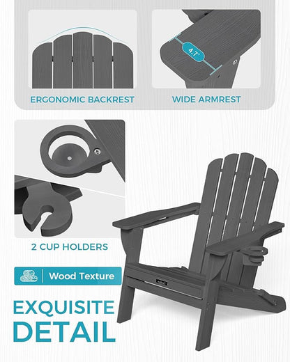 Adirondack Chairs Set of 2, Wood Texture Fire Pit Chairs, Plastic Adirondack Chairs with 2 Cup Holder, Outdoor Lawn Chair for Patio Garden, Dark Grey