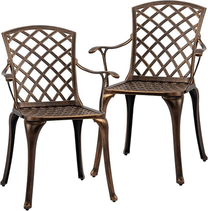 VINGLI Patio Chairs Set of 2, All-Weather Cast Aluminum Outdoor Dining Chairs, Metal Armchairs for Poolside, Backyard, Balcony (Grid Back Without Cushion)