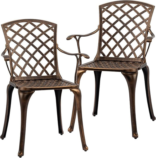 VINGLI Patio Chairs Set of 2, All-Weather Cast Aluminum Outdoor Dining Chairs, Metal Armchairs for Poolside, Backyard, Balcony (Grid Back Without Cushion)