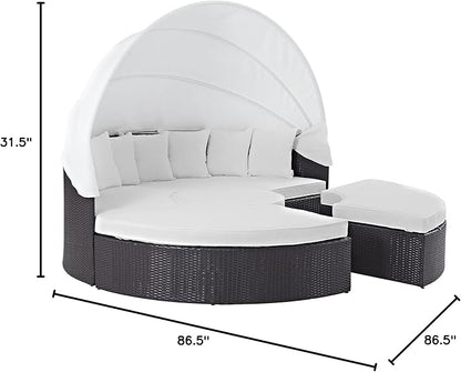 Modway Convene Wicker Rattan Outdoor Patio Retractable Canopy Round Poolside Sectional Sofa Daybed with Cushions in Espresso White