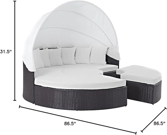 Modway Convene Wicker Rattan Outdoor Patio Retractable Canopy Round Poolside Sectional Sofa Daybed with Cushions in Espresso White