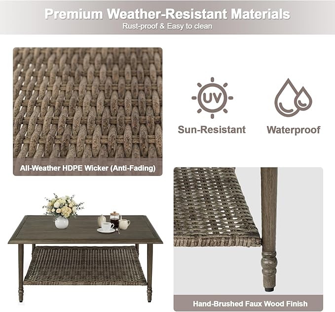 Outdoor Coffee Table, Heavy Duty Wicker Coffee Table, 2-Tier Patio Table with Storage, Patio Coffee Table for Garden Deck Balcony Poolside