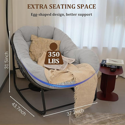 Oversized Rocking Chair Outdoor, Rocking Papasan Chair, Patio Egg Chair with Padded Cushion, Outdoor Wicker Rocking Chair for Front Porch, Garden, Patio (Light Grey, 1 Piece)