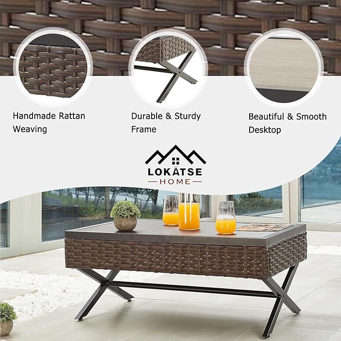 LOKATSE Home Outdoor Side Wicker Table Patio Rattan Bistro Furniture Metal Frame End Coffee Tables with X Shaped Steel - Photo 3