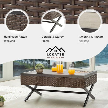 LOKATSE Home Outdoor Side Wicker Table Patio Rattan Bistro Furniture Metal Frame End Coffee Tables with X Shaped Steel Legs & Wood Grain Desktop
