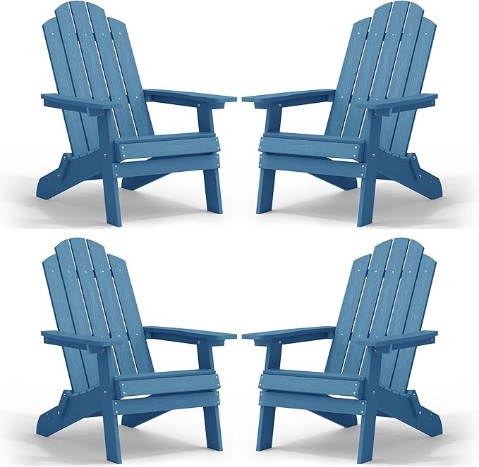 MXIMU Folding Adirondack Chair for Outdoor: Easy to Assemble and Comfortable Adirondack Chairs Set of 4 - All Weather Composite Plastic Chair for Outside Fire Pit Patio Lawn Garden Backyard Use(Navy)