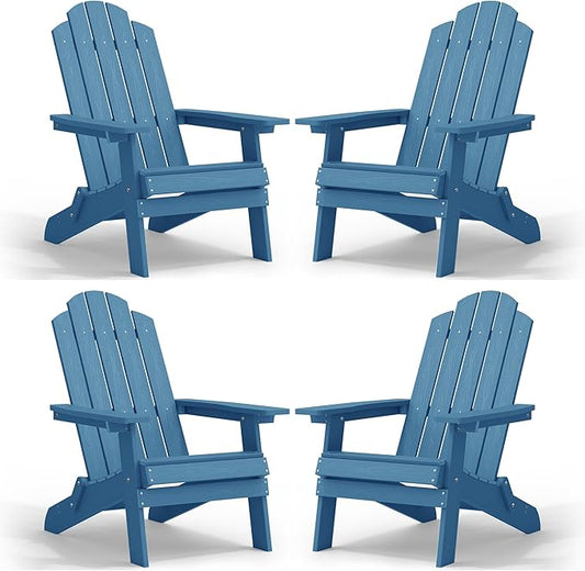 MXIMU Folding Adirondack Chair for Outdoor: Easy to Assemble and Comfortable Adirondack Chairs Set of 4 - All Weather Composite Plastic Chair for Outside Fire Pit Patio Lawn Garden Backyard Use(Navy)