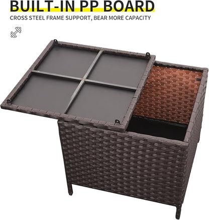 Outdoor Wicker Storage Side Table, Patio Brown PE Rattan End Table with Storage, Square Container for Furniture Covers, Toys, and Gardening Tools
