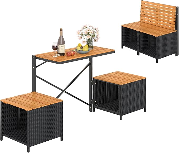 HAPPYGRILL 2-in-1 Outdoor Storage Bench Convertible Picnic Table and Chairs Set with Metal Frame, Acacia Wood Rattan Patio Loveseat for Garden, Backyard, Porch, Deck