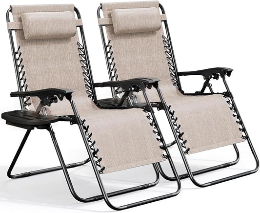 Nestl Zero Gravity Chairs Set of 2, Patio Lounge Chair Outdoor with Pillows & Cup Holder Trays, Adjustable Steel Mesh Reclining Camping Chair, Folding Patio Lawn Chair for Deck, Beach, Yard - Beige
