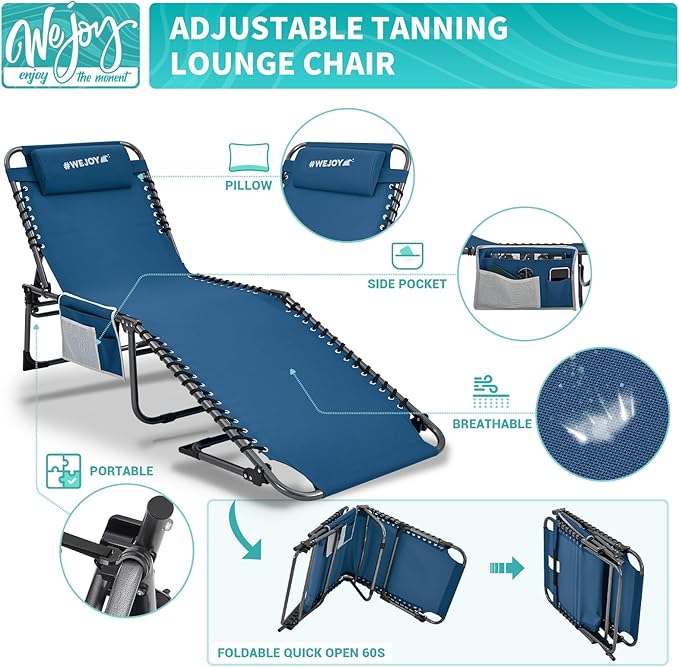 #WEJOY Folding Lounge Chair Outdoor, 5-Position Adjustable Sunbathing Tanning Chair with Shoulder Strap & Side Pocket - Photo 4