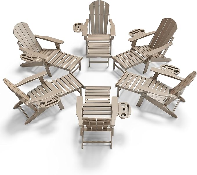 Adjustable Adirondack Chair with Retractable Ottoman Set of 6, HDPE Folding Adirondack Chair with Cup Holder, All Weather Fire Pit Chair for Outdoor.