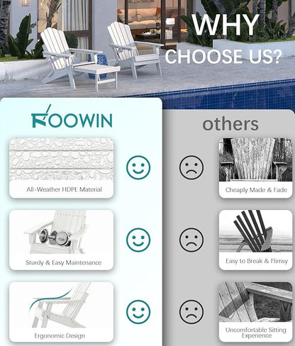 FOOWIN Adjustable Adirondack Chair with Retractable Ottoman Set of 8, Folding Adirondack Chair with Cup Holder, HDPE All-Weather Fire Pit Chair for Patio, Yard, Poolside,White