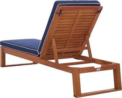 SAFAVIEH Outdoor Patio Furniture Collection - Sophie Natural Solid Wood Lounger with Navy Cushion & White Piping, Adjustable Backrest, Chaise Lounge Chair (PAT7101B)