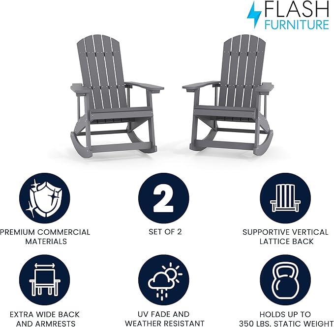 Flash Furniture Savannah All Weather Adirondack Rocking Chairs, Polyresin Wood Adirondack Chair with 350-lb. Static Weight Capacity, Set of 2, Gray