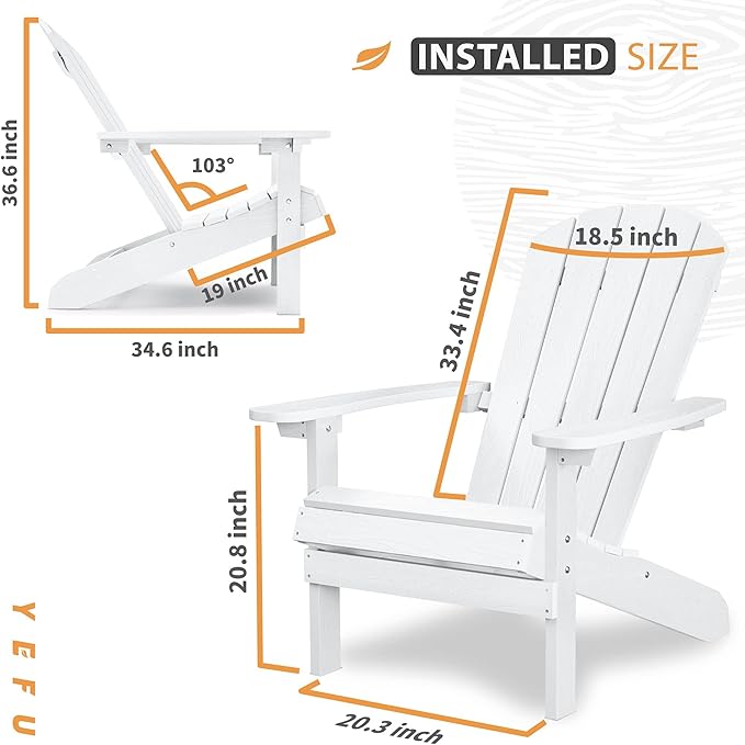YEFU 3-Piece Adirondack Chair and Table Set: Outdoor Lounge Furniture Set - Outdoor Chair Plastic Weather Resistant with Wide Armrests for Patio Lawn Pool Porch Garden(White