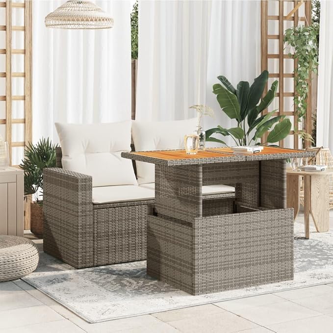 Adjustable Garden Table with Solid Acacia Wood Top and Grey PE Rattan Base - Photo 3