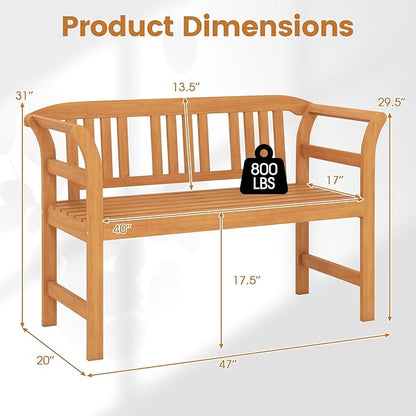 RELAX4LIFE Acacia Wood Outdoor Bench - 2 Person Patio Loveseat with Backrest and Armrests, 47 inch Garden Bench for Porch, Backyard, Lawn and Poolside, 800 lbs Weight Capacity