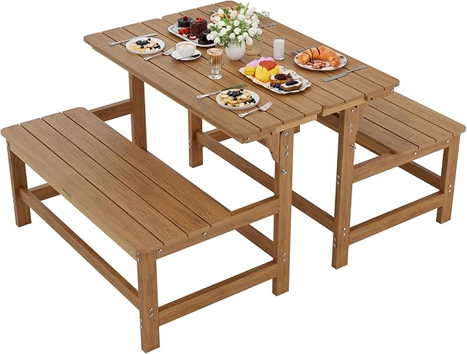YEFU Convertible Bench Picnic Table: HIPS Convert a Bench with Umbrella Hole - Foldable Space-Saving Picnic Outdoor Benches for Outside Patio Porch Backyard Park Garden Teak