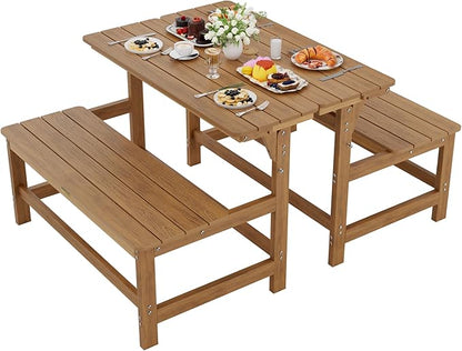 YEFU Convertible Bench Picnic Table: HIPS Convert a Bench with Umbrella Hole - Foldable Space-Saving Picnic Outdoor Benches for Outside Patio Porch Backyard Park Garden Teak