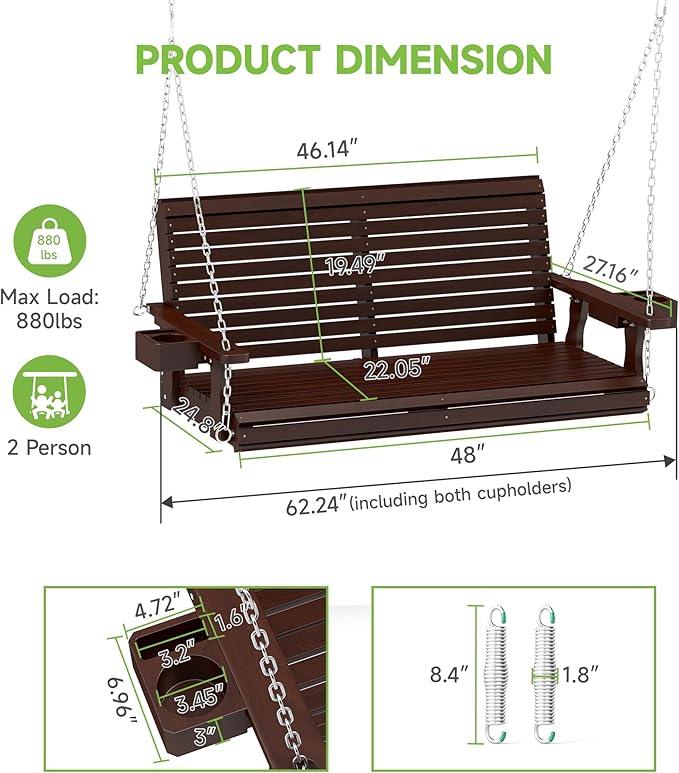 Real Relax Front Porch Swing, Wooden 2-Seater Outdoor Hanging Patio Swing Chair with Cup Holders - Photo 2