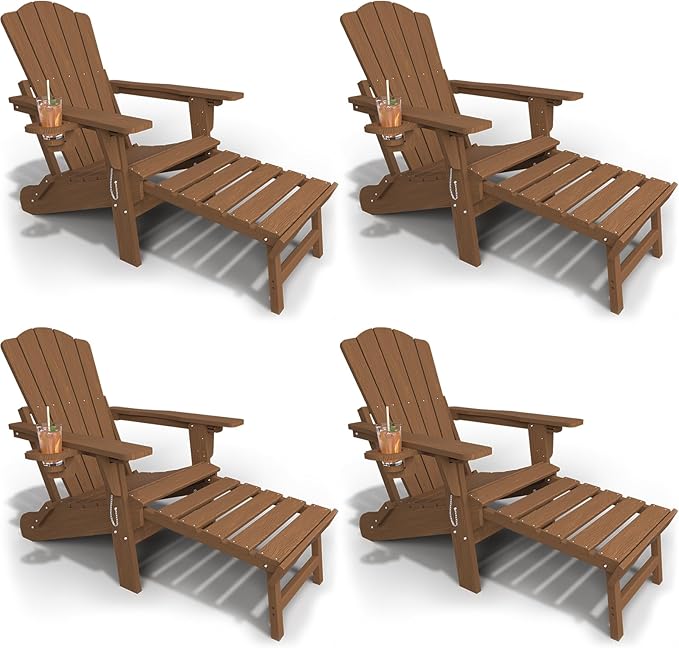 Adjustable Adirondack Chairs with Retractable Ottoman Set of 4, HDEP Folding Adirondack Chair with Footrest & Cup Holder, All Weather Fire Pit Chair for Outdoor,Wood