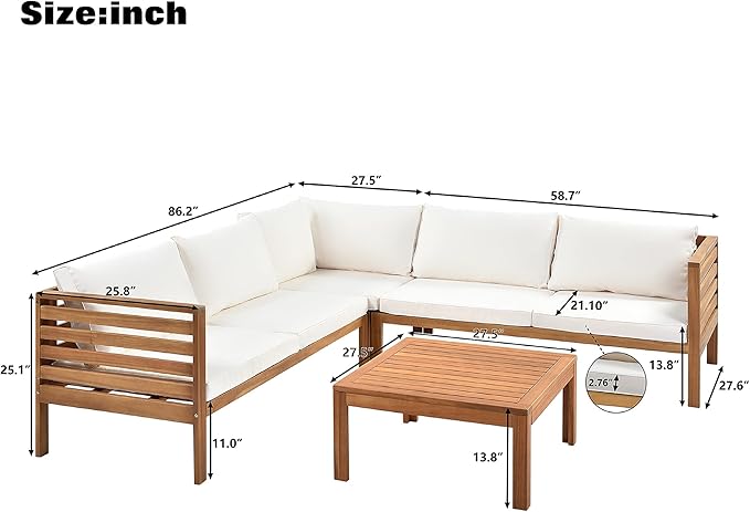 Quarte 4 Piece Outdoor Patio Conversation Furniture Set, Wood Sectional Sofa Set with Water Resistant Cushions/Coffee Table, Garden Backyard Poolside L Shape Corner Sofa Set…
