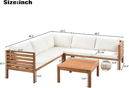 Quarte 4 Piece Outdoor Patio Conversation Furniture Set, Wood Sectional Sofa Set with Water Resistant Cushions/Coffee Table, Garden Backyard Poolside L Shape Corner Sofa Set…