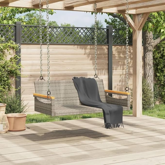 Gray Poly Rattan Swing Bench for Patio, 2-Seater Outdoor Furniture with Weather-Resistant Design and Comfortable Seating for Garden, Balcony, or Deck Relaxation