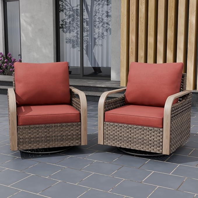 EAGLE PEAK Modern Wicker Outdoor Glider Rocking Chair, Swivel Rocker, Rattan Patio Furniture for Yard Deck Porch Garden, 2 Chairs, Brown/Red
