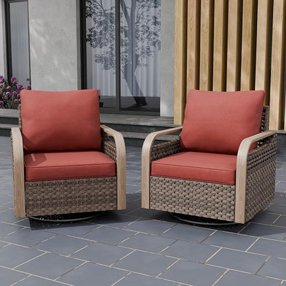 EAGLE PEAK Modern Wicker Outdoor Glider Rocking Chair, Swivel Rocker, Rattan Patio Furniture for Yard Deck Porch Garden, 2 Chairs, Brown/Red