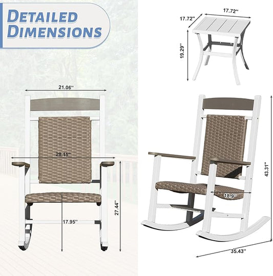 Outdoor Wicker Rocking Chairs Set of 3, 2 Chairs Made of Metal & Rattan + 1 All Metal Table, Oversized Patio Rocker with High Back for Adults, All-Weather Outside Furniture, White & Brown