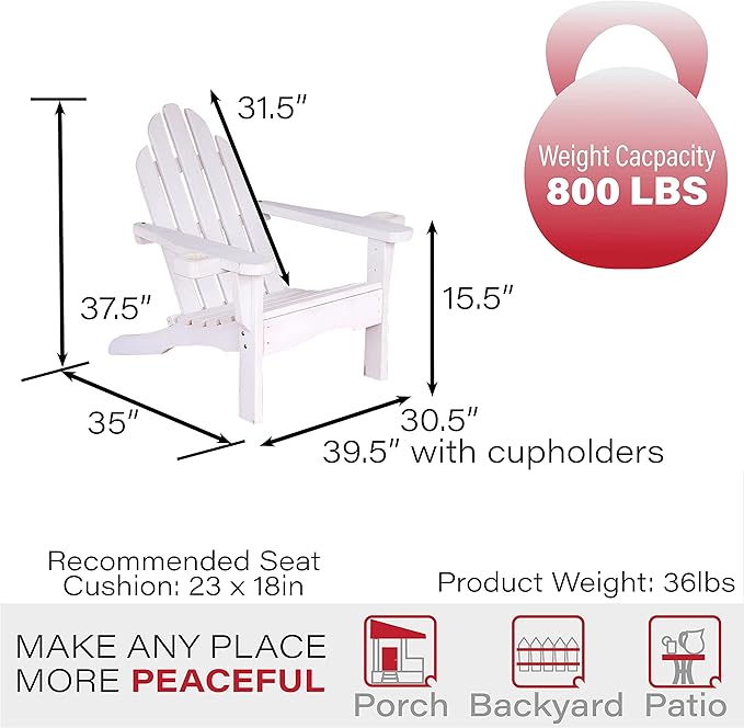 Amish Casual Heavy Duty Adirondack Chair in White Stain - Authentic Amish Craftmanship from Treated Pine, Outdoor Chair Made in The USA, 800 Lb Weight Capacity