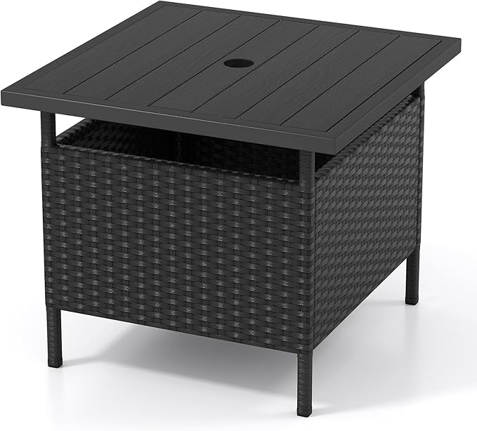Tangkula Outdoor Wicker Table, Rattan Coffee Table with Umbrella Insert Hole, HDPE Tabletop & Sturdy Metal Frame, Patio Umbrella Side Table Stand for Backyard, Garden, Poolside (Black)