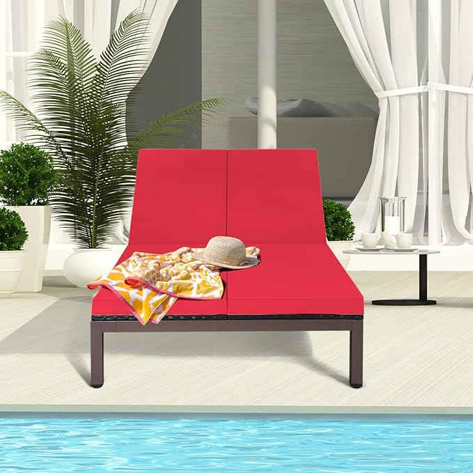 Tangkula 2-Person Patio Lounge Chair, Outdoor Rattan Double Wicker Daybed Chaise Lounge Chair with Adjustable Backrest Wheels & Cushion, Patio Sofa for Garden Lawn Backyard (Red)