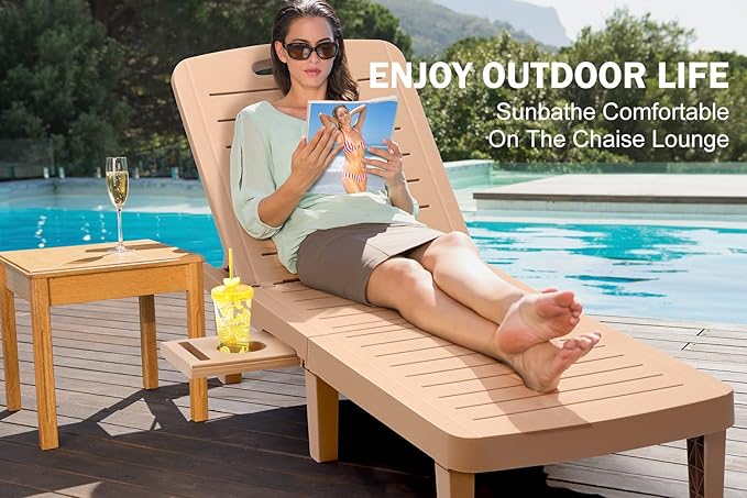 Outdoor Chaise Lounge Set of 4, Waterproof Resin Lounge Chairs for Outside w/Adjustable 5 Positions All Weather Recliner Chair for Patio, Poolside, Beach, Yard, Brown