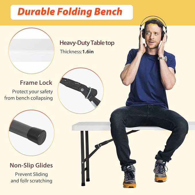 6FT Bench Chair Plastic Folding Bench Plastic Portable Outdoor Bench Garden Bench with Carrying Handle and Lock for Camping Picnic Party Dining 2 Pack White