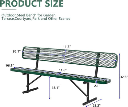 8FT Park Benches for Outside, Garden Benches Weatherproof with Backrest - Heavy-Duty Metal Bench for Patio Porch Backyard School Sports Church Locker Room Bench Commercial-Grade Seating Green
