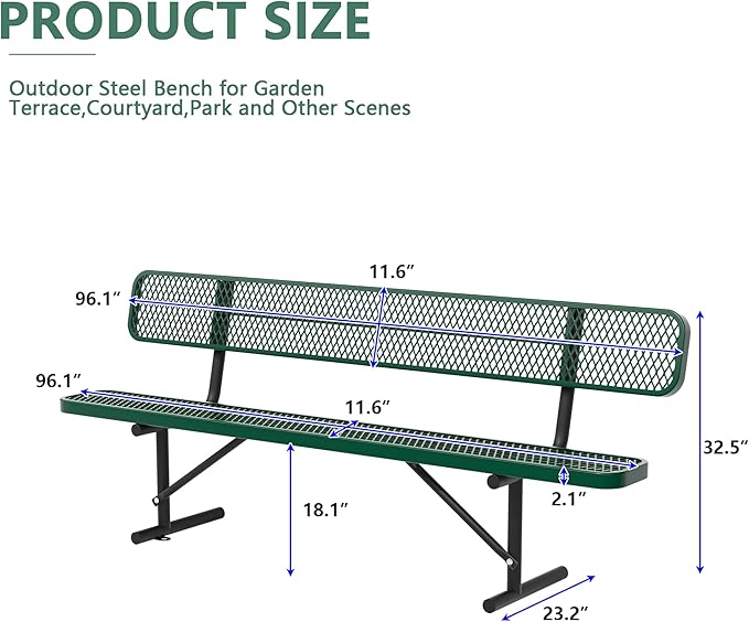 96" Metal Park Benches for Outside - Green Outdoor Benches Heavy Duty Garden Weatherproof Bench with Backrest, Buddy Bench for Schools,Commercial Benches for Shopping Mall, Store, Yard, Patio