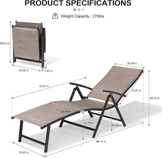 Crestlive Products Chaise Lounge Chair Outdoor Set of 2, Aluminum Folding Patio Recliner Chair, Adjustable 8 Positions Assemble-Free Perfect for Beach, Yard, Pool, Deck