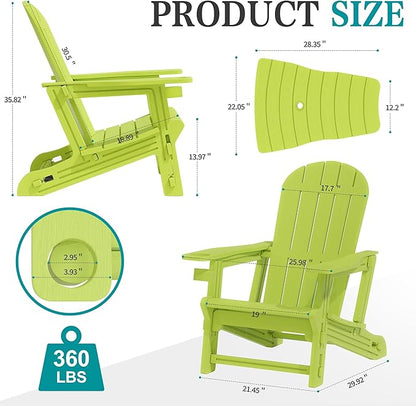 JY QAQA Outdoor Adirondack Chair Set of 2, All-Weather HDPE Patio Furniture with Detachable Table, Wood Texture & Cup Holder for Patio, Poolside, Garden, Green