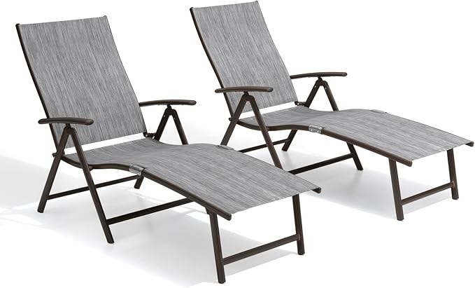 Crestlive Products Chaise Lounge Chair Outdoor Set of 2, Aluminum Folding Patio Recliner Chair, Adjustable 8 Positions Assemble-Free Perfect for Beach, Yard, Pool, Deck
