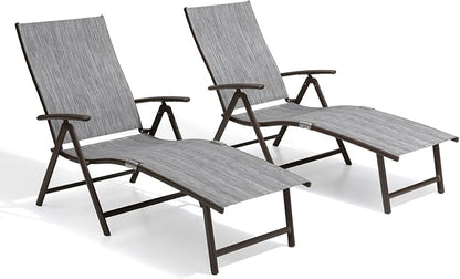 Crestlive Products Chaise Lounge Chair Outdoor Set of 2, Aluminum Folding Patio Recliner Chair, Adjustable 8 Positions Assemble-Free Perfect for Beach, Yard, Pool, Deck