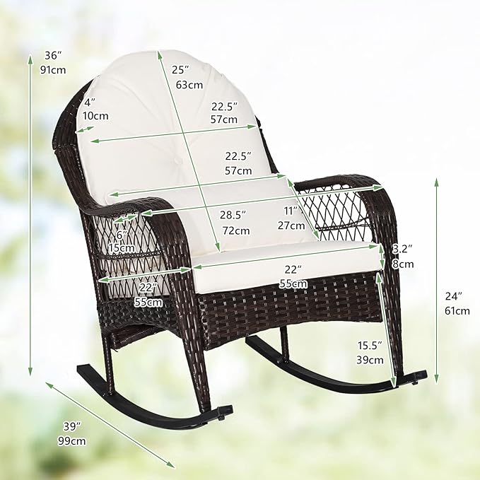 ORALNER Patio Wicker Rocking Chair, Outdoor PE Rattan Rocker with Seat and Back Cushion, Waist Pillow, Armrests, Garden Chair for Porch, Backyard, Poolside, Deck (2, Off White)
