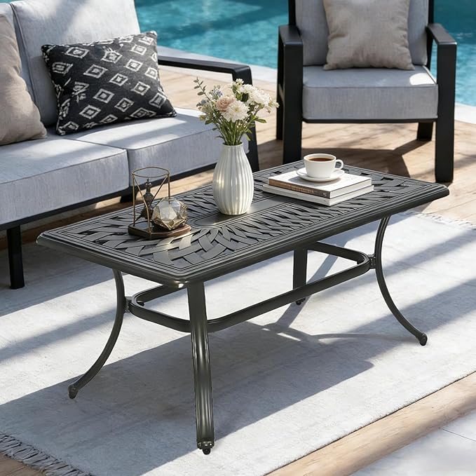 MEETWARM Outdoor Coffee Table, All-Weather Cast Aluminum 42" Rectangle Patio Coffee Table, 220 LBS Heavy Duty Patio Side Table for Balcony Poolside Deck Garden & Indoor Use, Dark Bronze