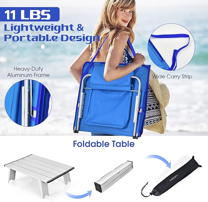 Tangkula 3 Pieces Beach Chairs for Adults, Lightweight Lawn Lounge Chairs with 5 Adjustable Recline Position, Zipper Pocket, Backpack 2 Pack Beach Chairs Set with Folding Side Table (Blue)