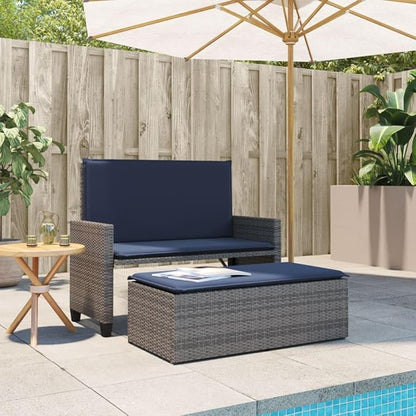 Garden Bench Deck Bench Patio Bench with Cushions and Footstool Gray Poly Rattan