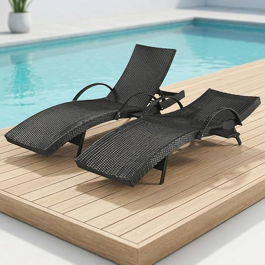 80.3" Chaise Lounge Outdoor Set of 2, Wicker Pool Lounge Chairs Outdoor with Pull-Out Side Table, Adjustable Reclining Patio Chairs, Tanning Chair, Sillas de Patio for Backyard/Balcony/Deck (Black)