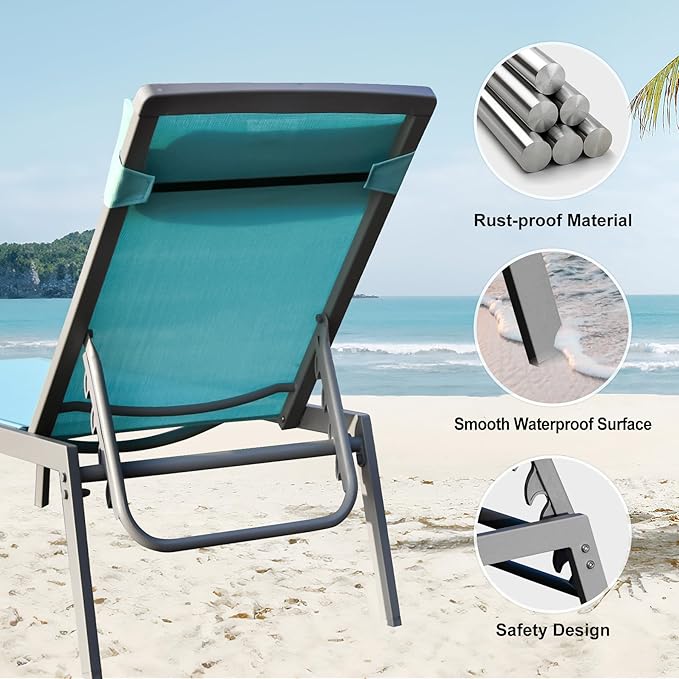 Domi Patio Chaise Lounge Set, Aluminum Pool Lounge Chairs with 5 Adjustable Position, Breathable Textilene Fabric, Sunbathing Pool Chairs with Headrest and Side Table, Turquoise Blue